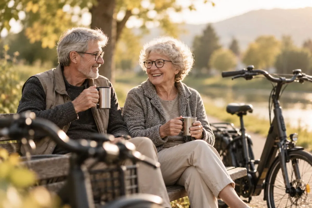 Seniorenfahrrad vanRaam Balance mit tiefem Einstieg und Füßen am Boden oder Dreirad und Elektroscooter vanRaam Easy Go für Senioren