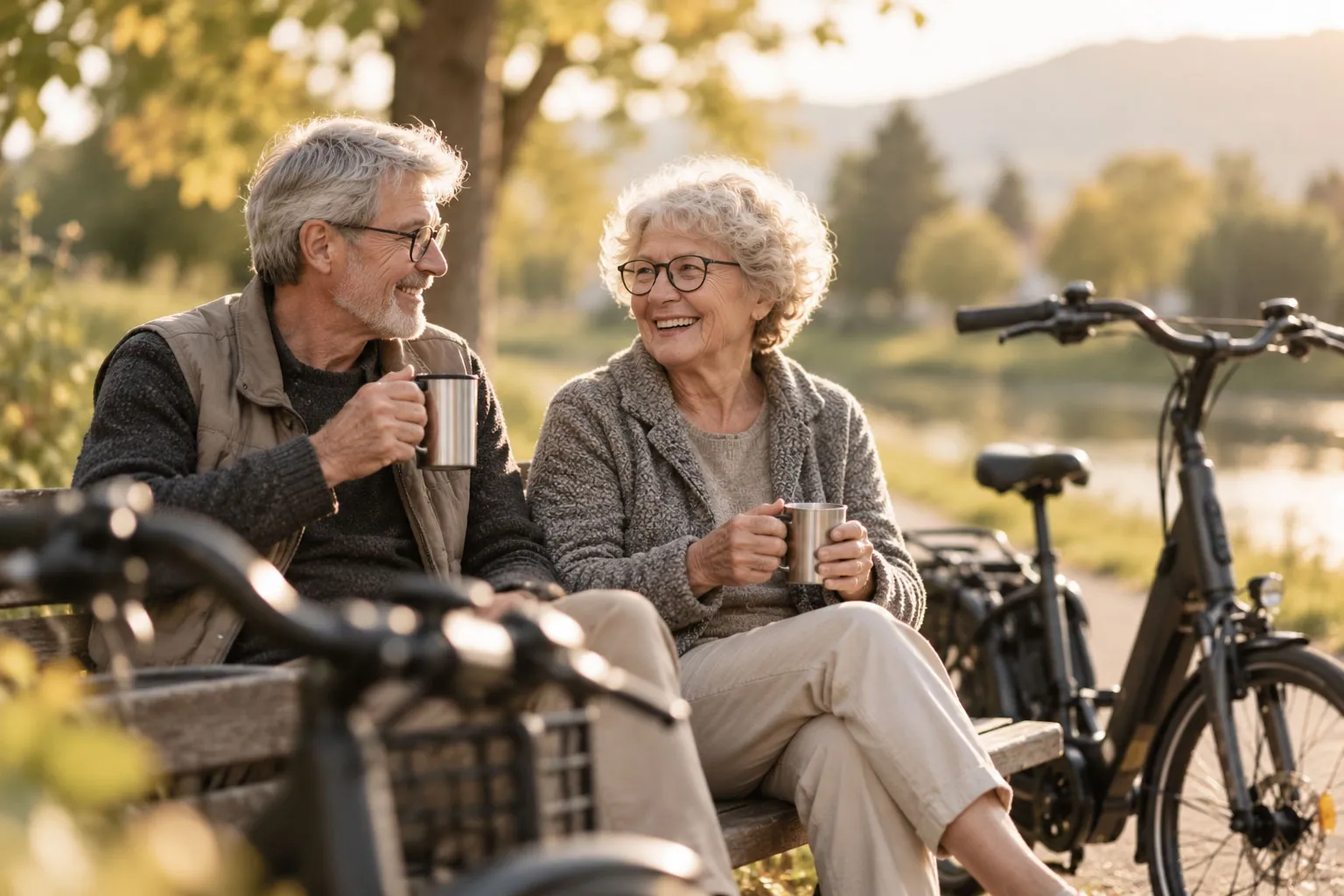 Seniorenfahrrad vanRaam Balance mit tiefem Einstieg und Füßen am Boden oder Dreirad und Elektroscooter vanRaam Easy Go für Senioren